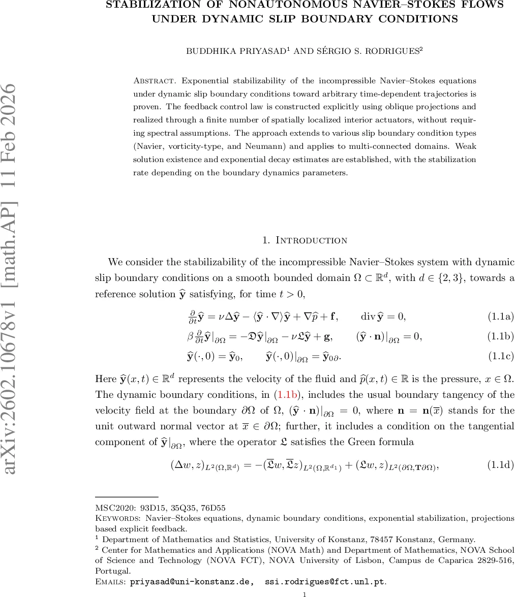 Stabilization of nonautonomous Navier-Stokes flows under dynamic slip boundary conditions