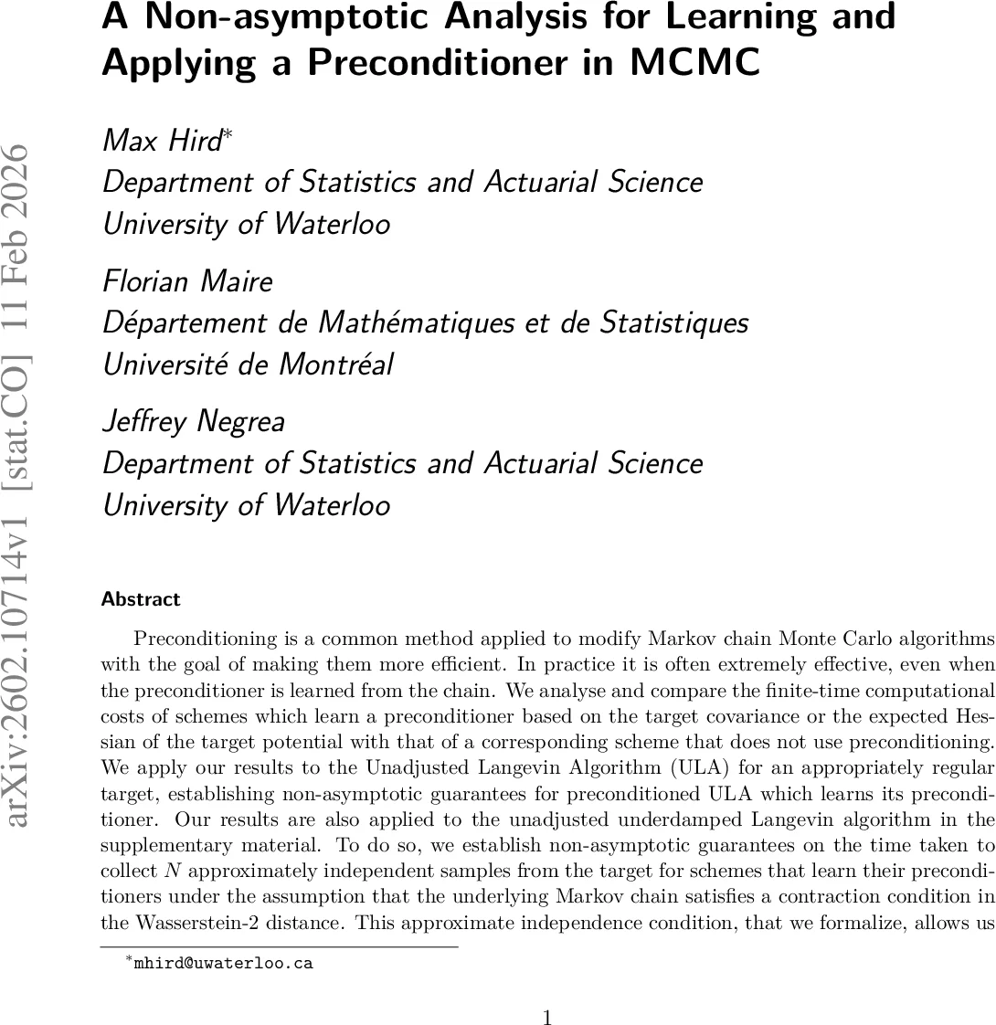 A Non-asymptotic Analysis for Learning and Applying a Preconditioner in MCMC