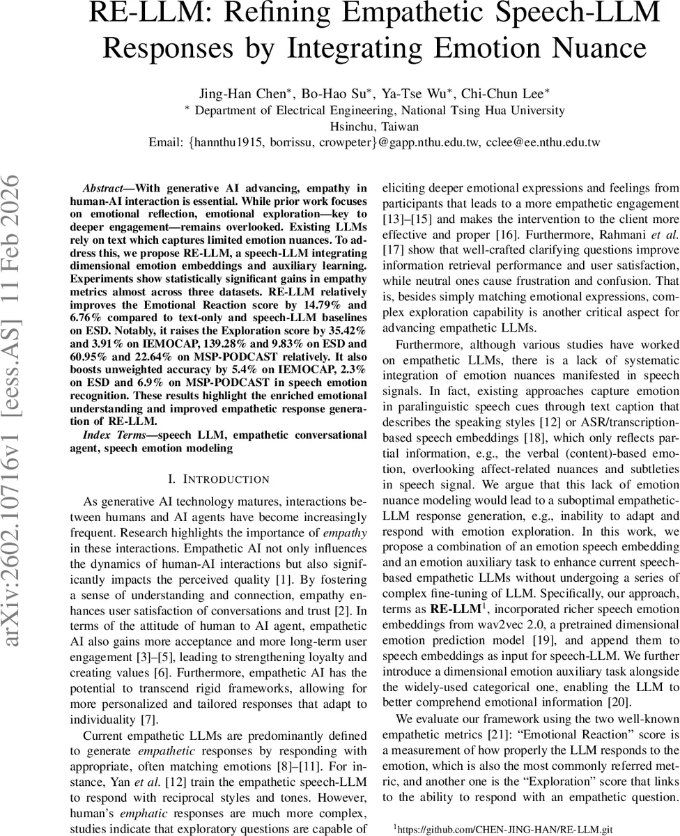RE-LLM: Refining Empathetic Speech-LLM Responses by Integrating Emotion Nuance