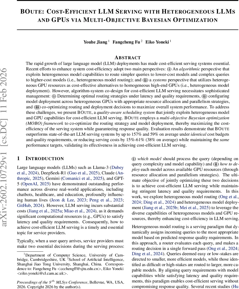 BOute: Cost-Efficient LLM Serving with Heterogeneous LLMs and GPUs via Multi-Objective Bayesian Optimization
