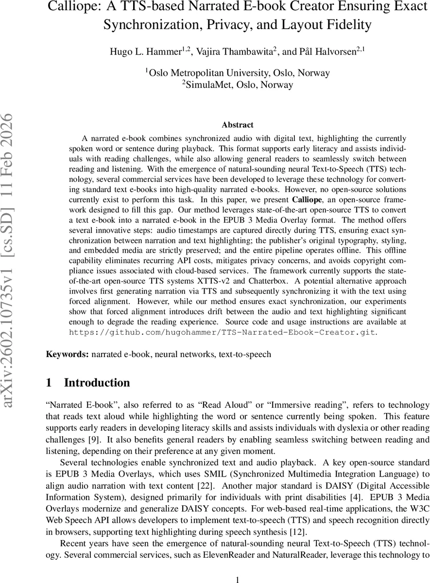 Calliope: A TTS-based Narrated E-book Creator Ensuring Exact Synchronization, Privacy, and Layout Fidelity