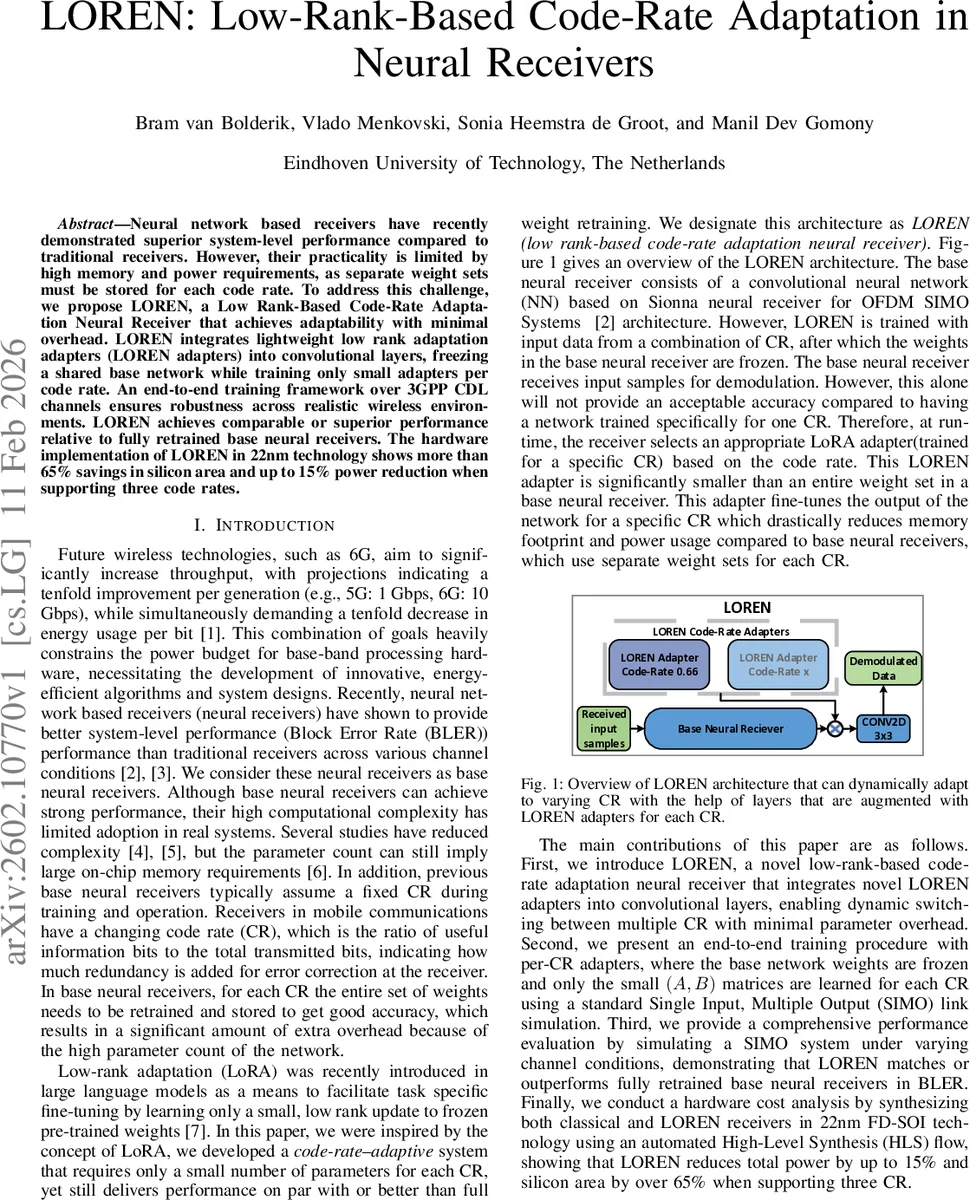 LOREN: Low Rank-Based Code-Rate Adaptation in Neural Receivers