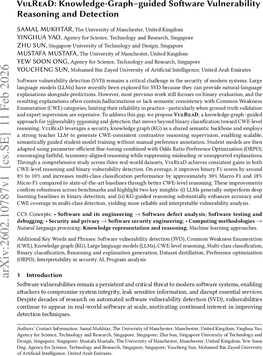 VulReaD: Knowledge-Graph-guided Software Vulnerability Reasoning and Detection