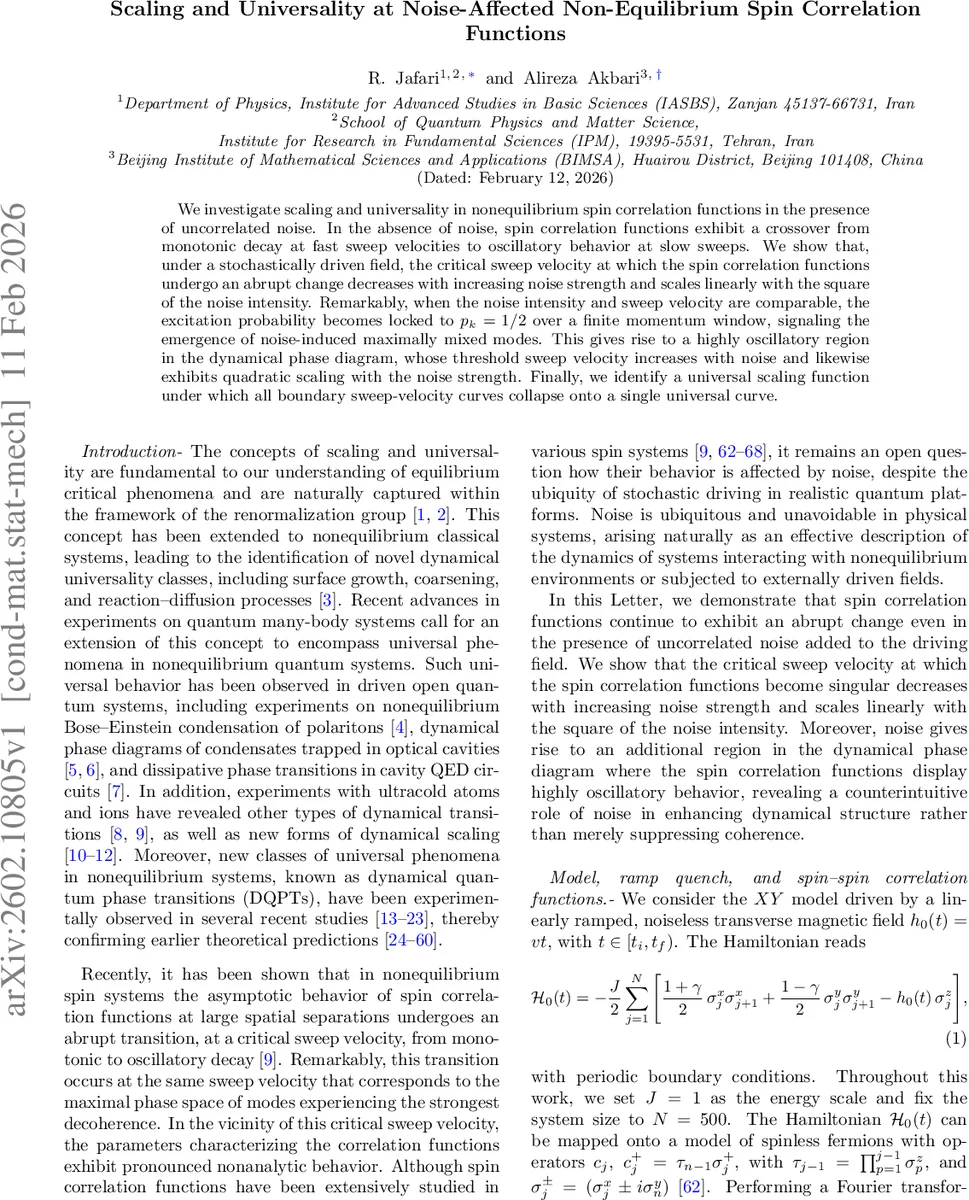 Scaling and Universality at Noise-Affected Non-Equilibrium Spin Correlation Functions