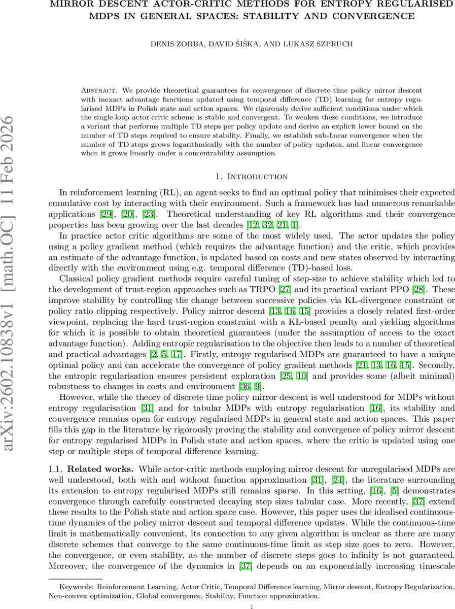 Mirror descent actor-critic methods for entropy regularised MDPs in general spaces: stability and convergence