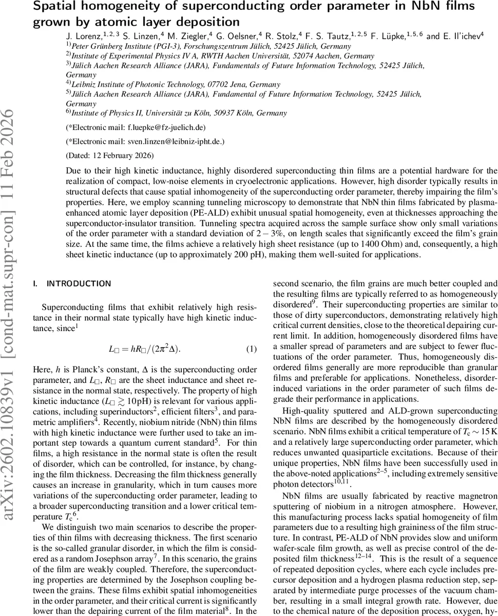 Spatial homogeneity of superconducting order parameter in NbN films grown by atomic layer deposition