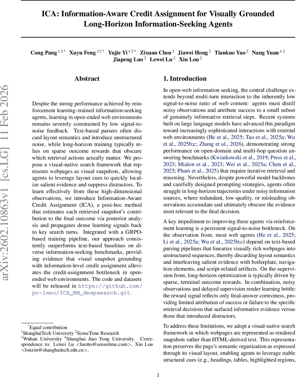 ICA: Information-Aware Credit Assignment for Visually Grounded Long-Horizon Information-Seeking Agents