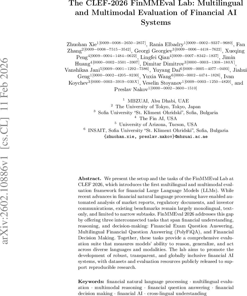 The CLEF-2026 FinMMEval Lab: Multilingual and Multimodal Evaluation of Financial AI Systems