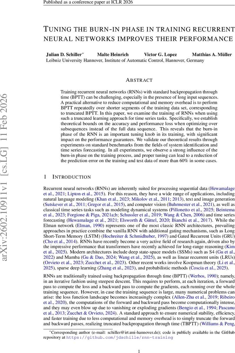 Tuning the burn-in phase in training recurrent neural networks improves their performance