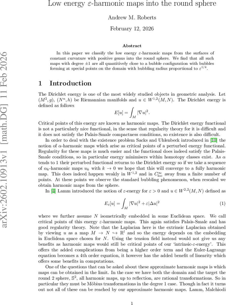 Low energy $arepsilon$-harmonic maps into the round sphere