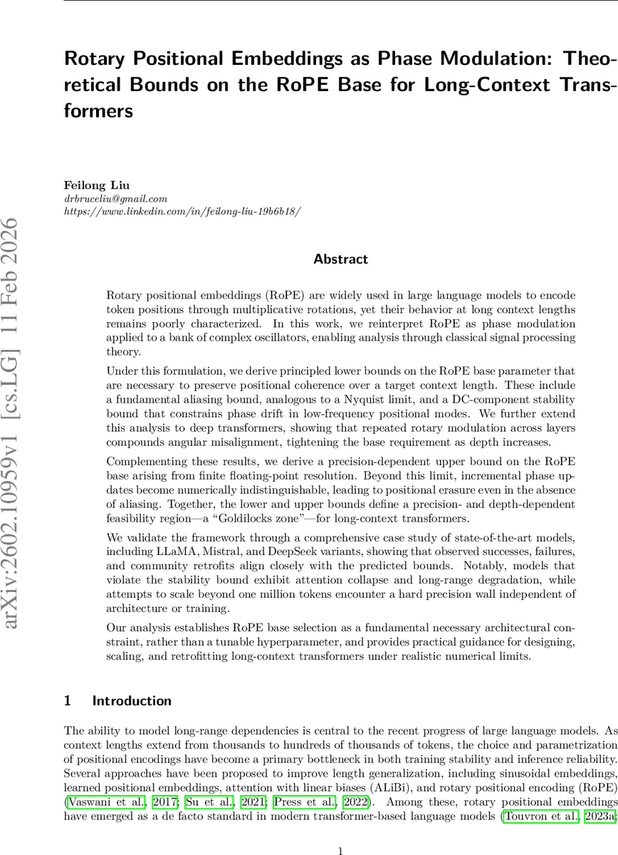 Rotary Positional Embeddings as Phase Modulation: Theoretical Bounds on the RoPE Base for Long-Context Transformers