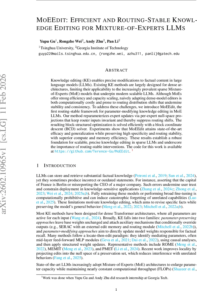 MoEEdit: Efficient and Routing-Stable Knowledge Editing for Mixture-of-Experts LLMs