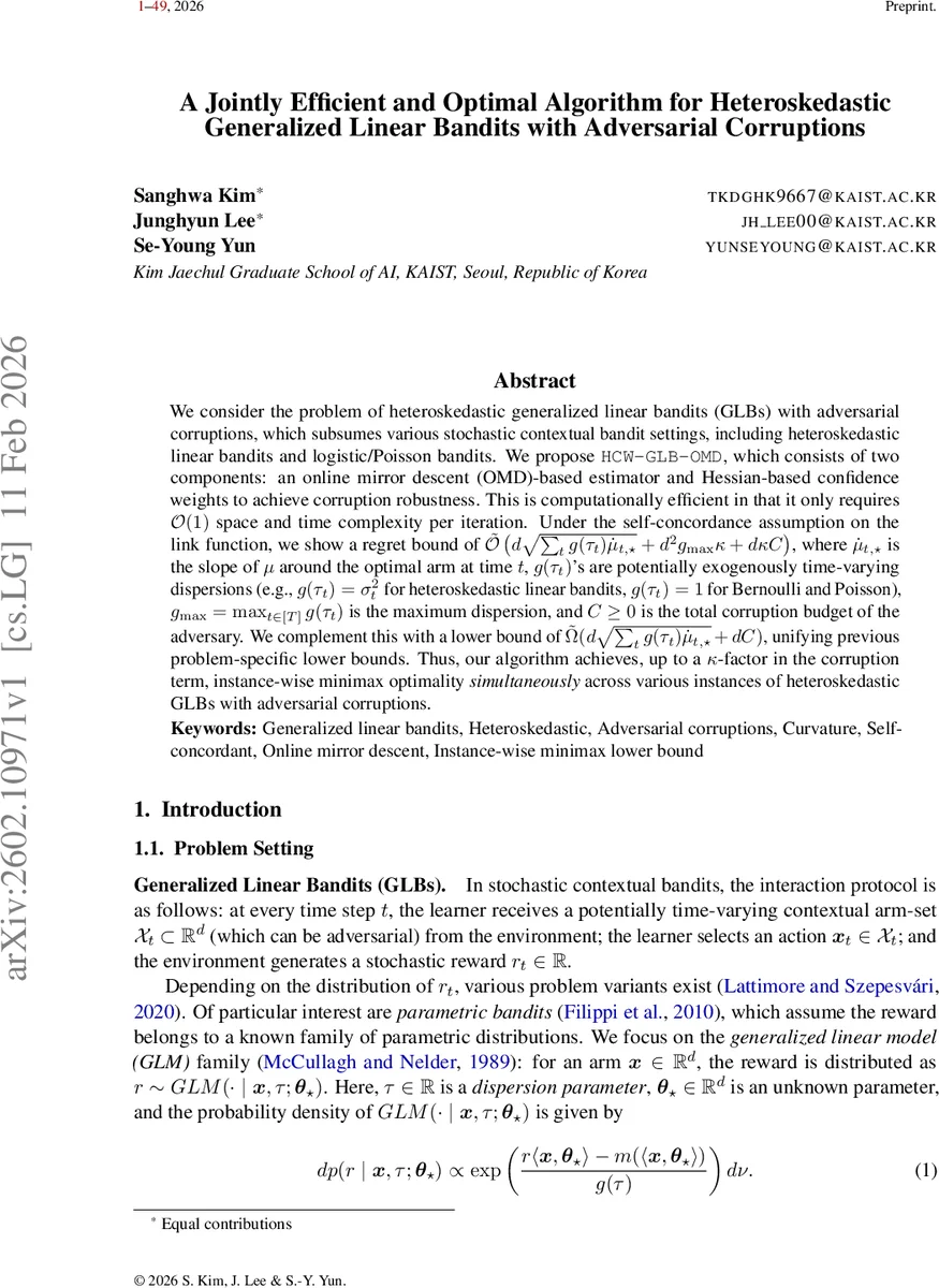 A Jointly Efficient and Optimal Algorithm for Heteroskedastic Generalized Linear Bandits with Adversarial Corruptions