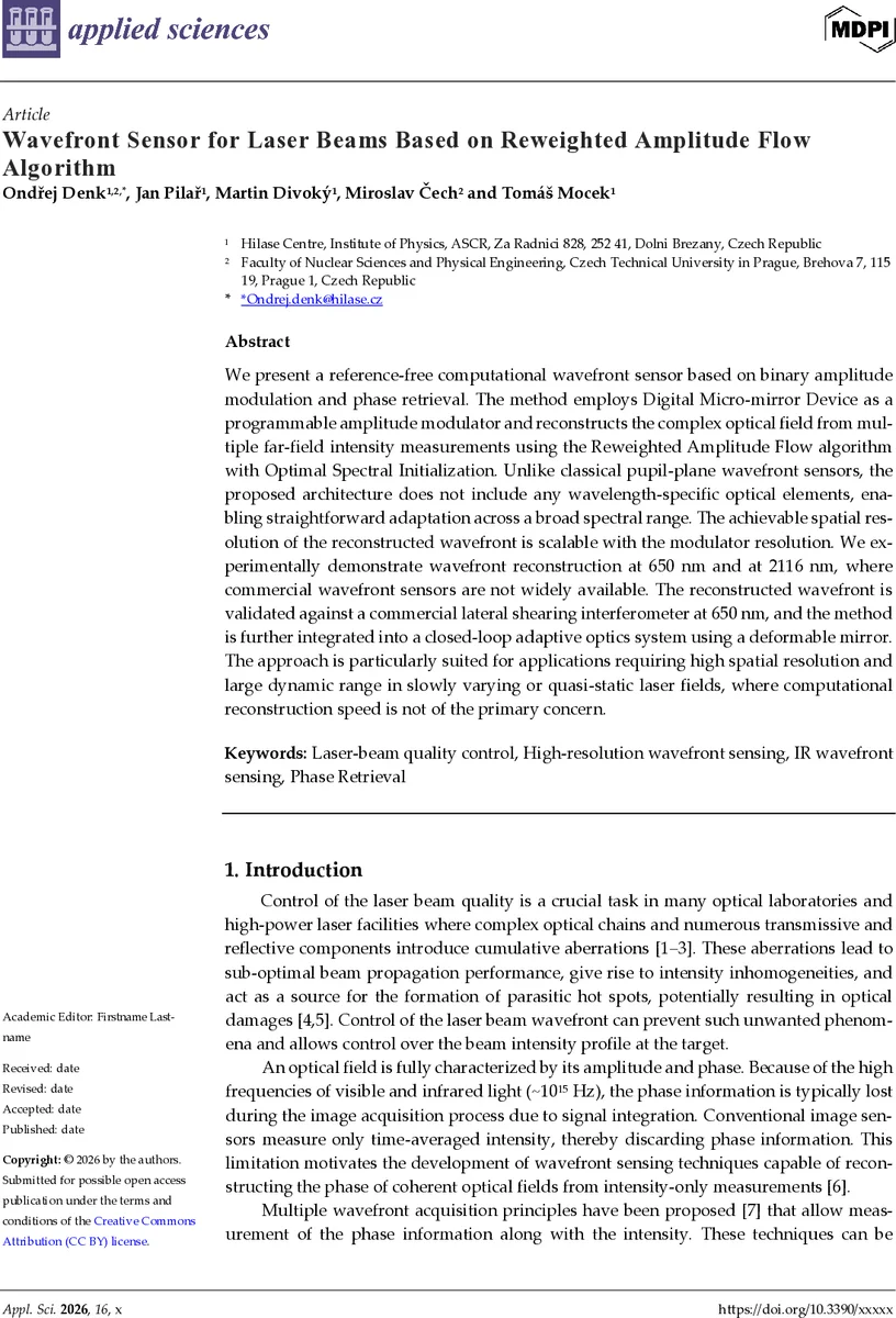 Wavefront Sensor for Laser Beams Based on Reweighted Amplitude Flow Algorithm