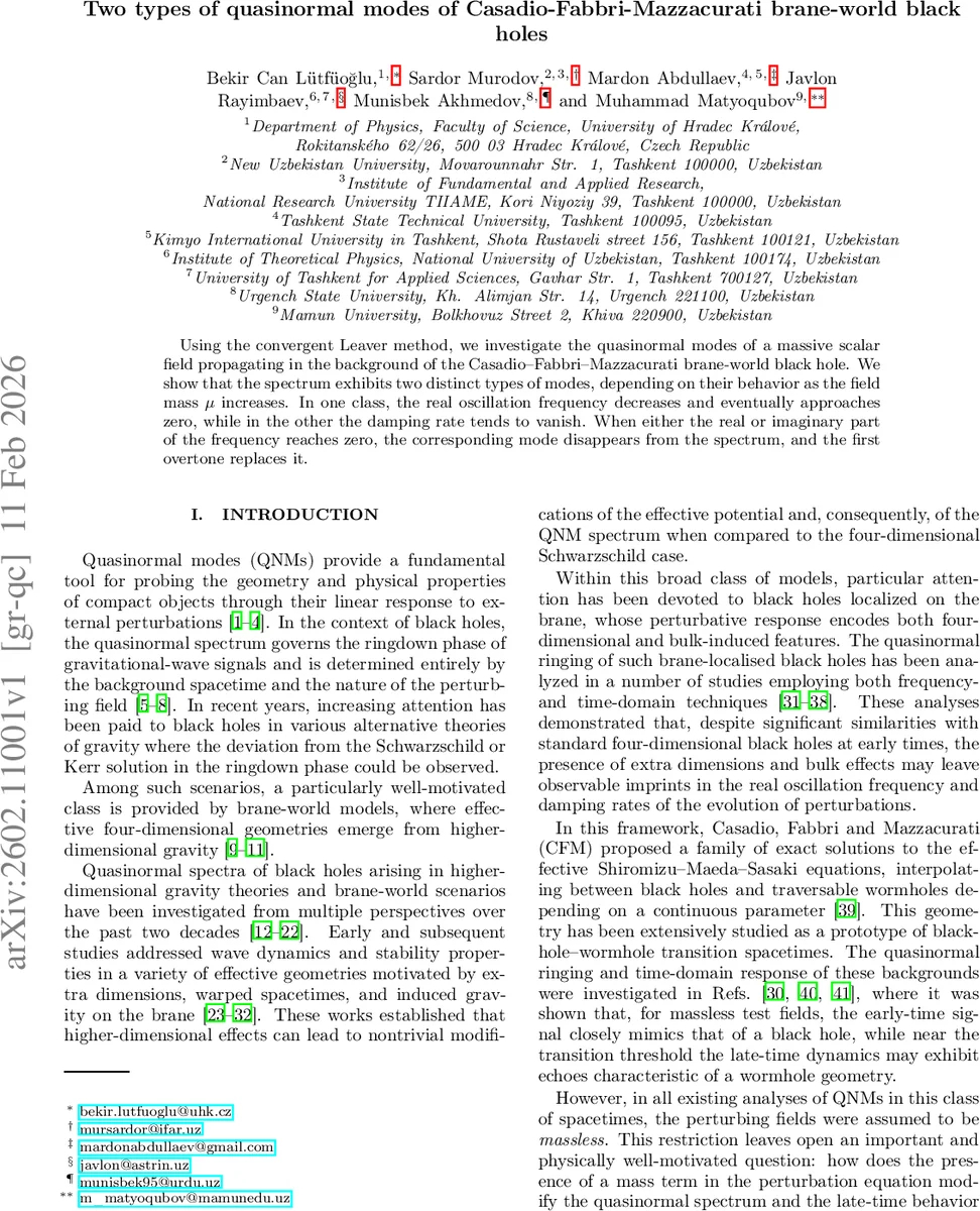 Two types of quasinormal modes of Casadio-Fabbri-Mazzacurati brane-world black holes