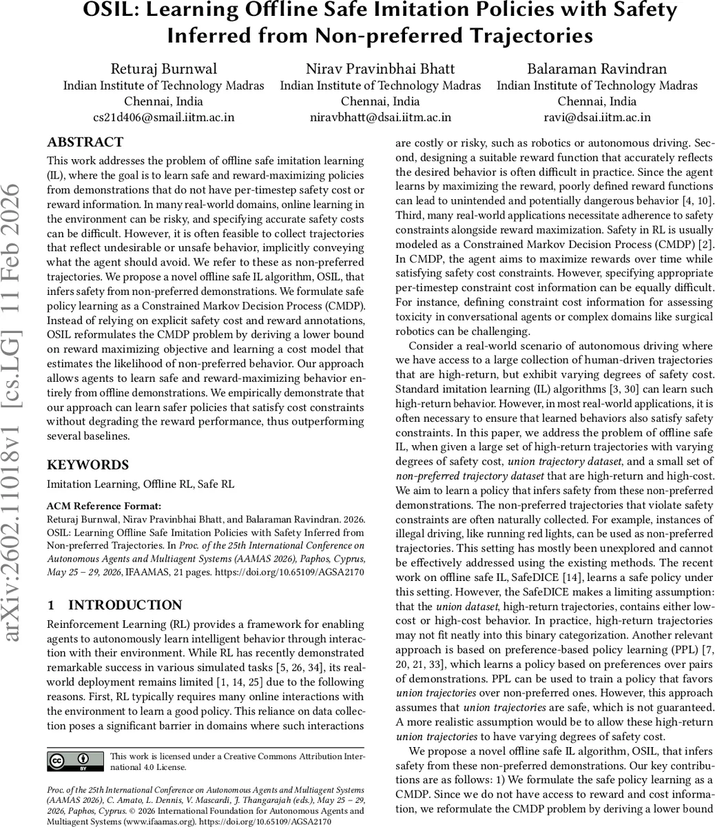 OSIL: Learning Offline Safe Imitation Policies with Safety Inferred from Non-preferred Trajectories