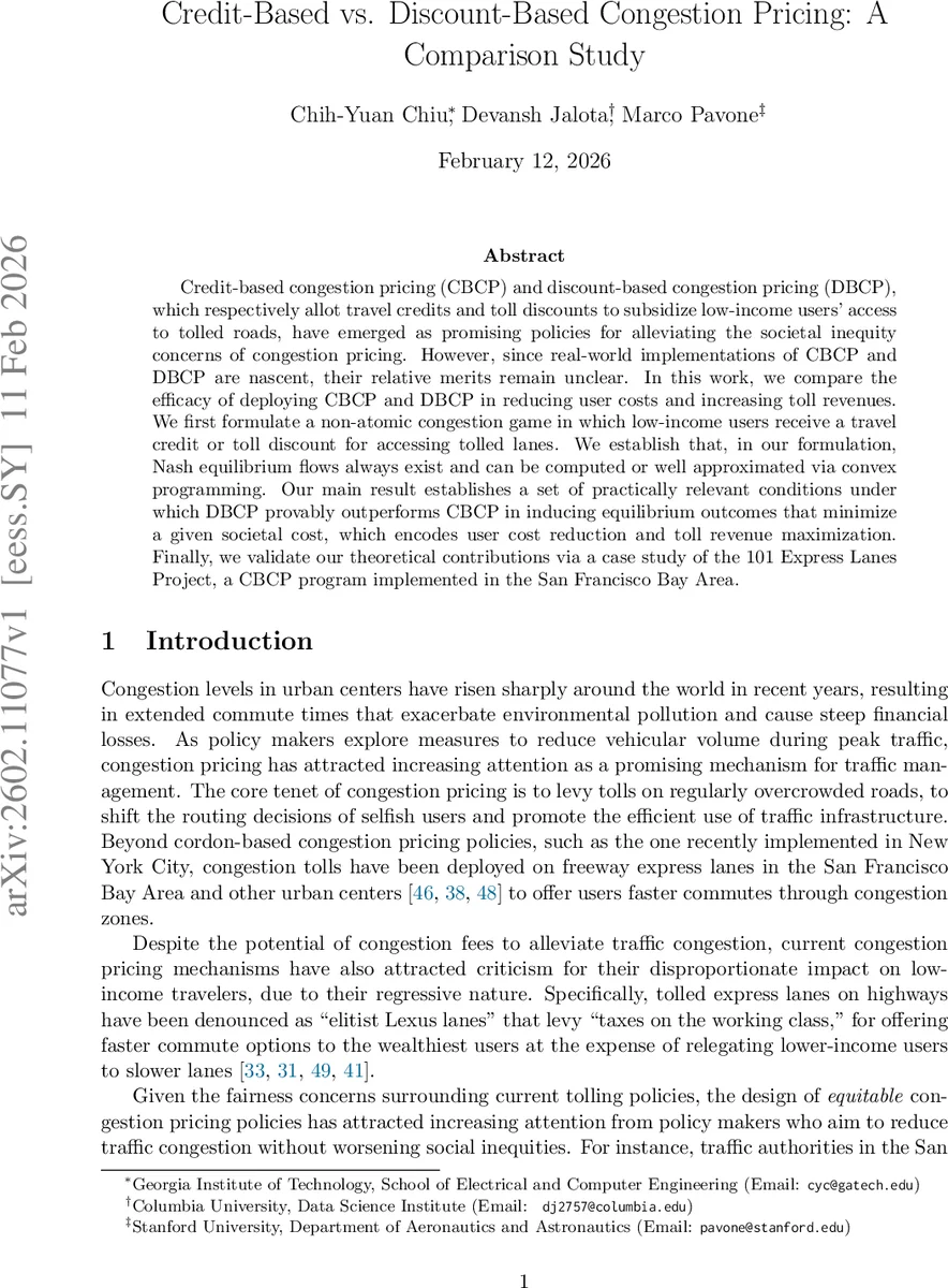 Credit-Based vs. Discount-Based Congestion Pricing: A Comparison Study