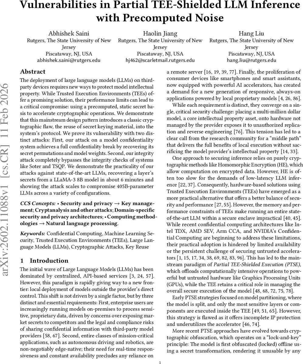 Vulnerabilities in Partial TEE-Shielded LLM Inference with Precomputed Noise