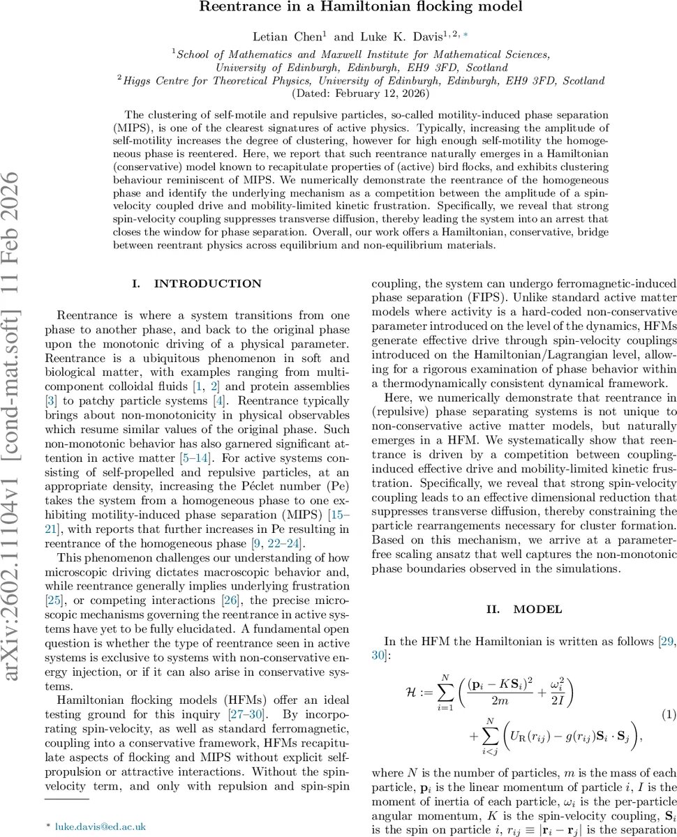 Reentrance in a Hamiltonian flocking model