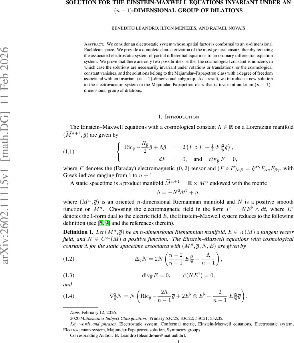 Solution for the Einstein-Maxwell equations invariant under an $(n - 1)$-dimensional group of dilations