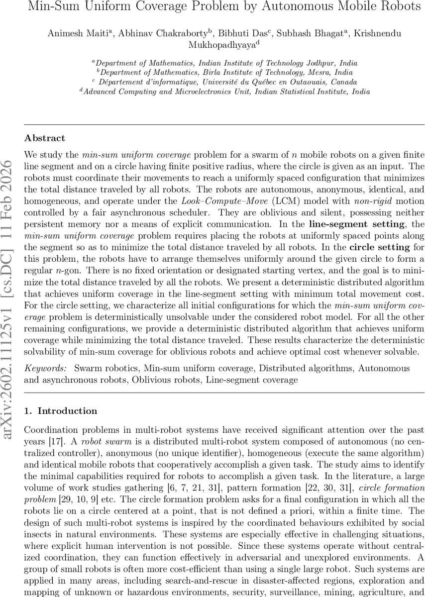 Min-Sum Uniform Coverage Problem by Autonomous Mobile Robots