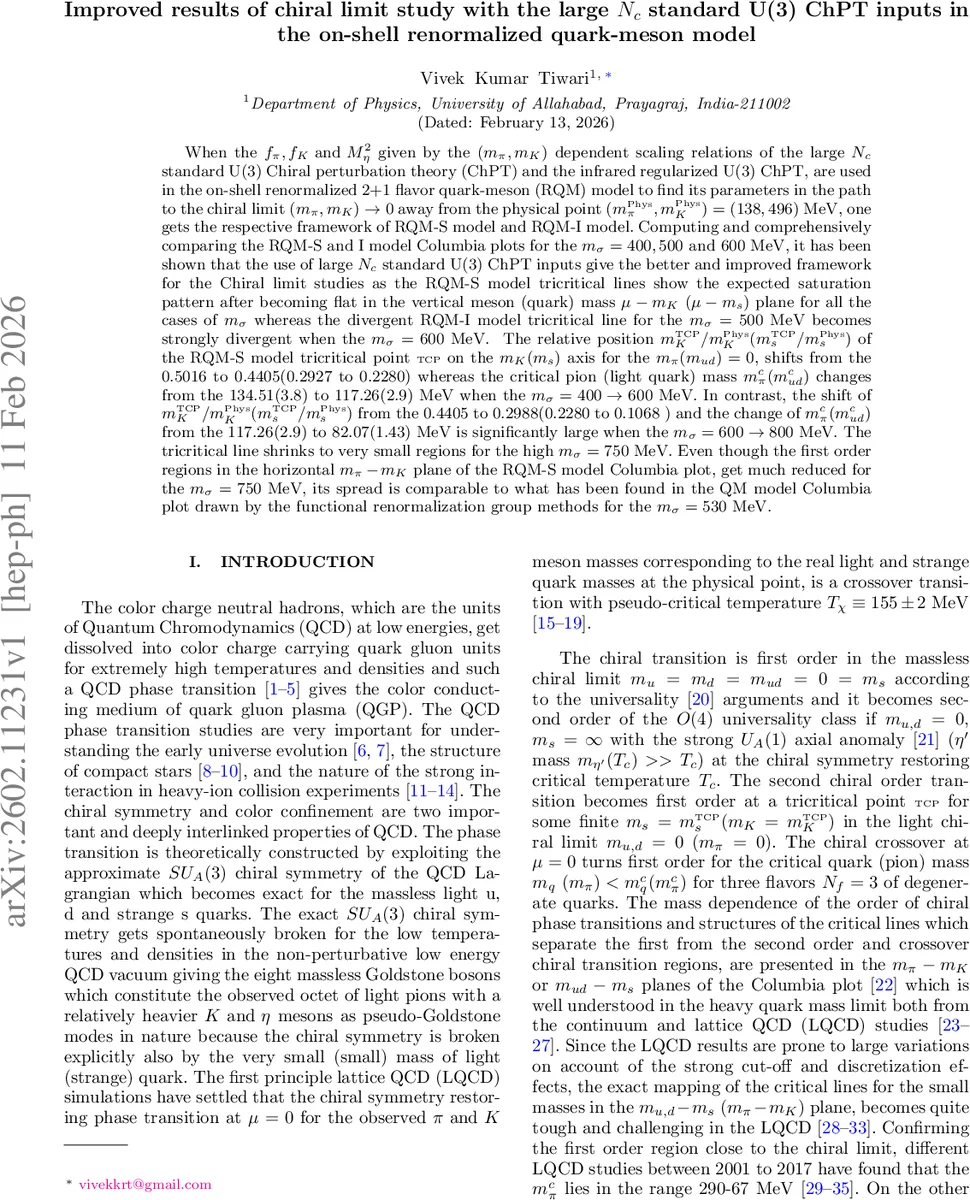 Improved results of chiral limit study with the large $N_c$ standard U(3) ChPT inputs in the on-shell renormalized quark-meson model