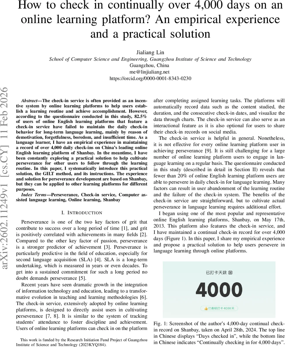 How to check in continually over 4,000 days on an online learning platform? An empirical experience and a practical solution