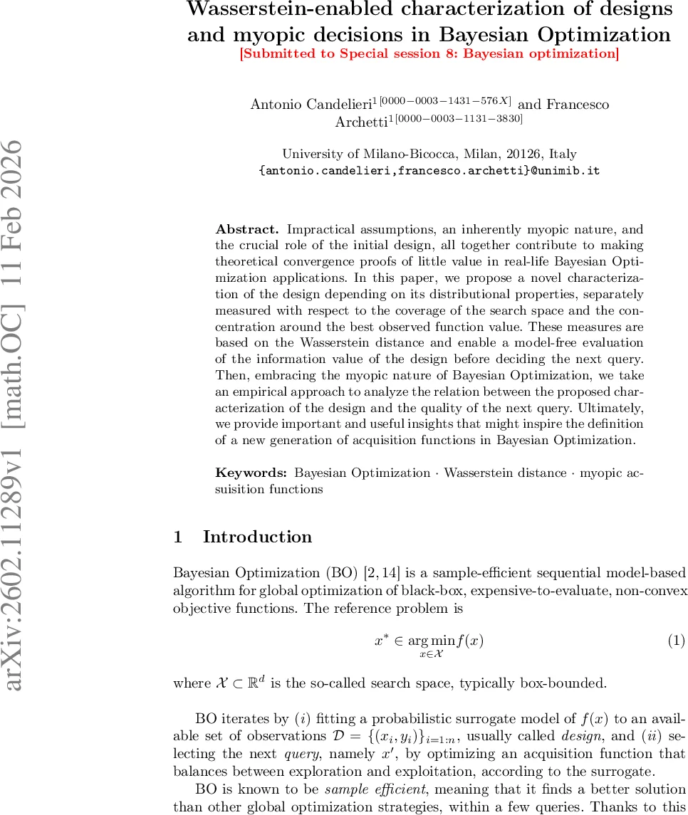 Wasserstein-enabled characterization of designs and myopic decisions in Bayesian Optimization