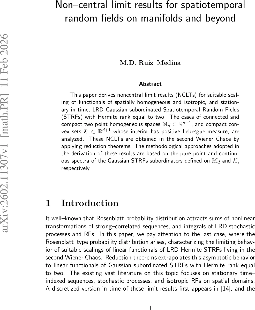 Noncentral limit results for spatiotemporal random fields on manifolds and beyond