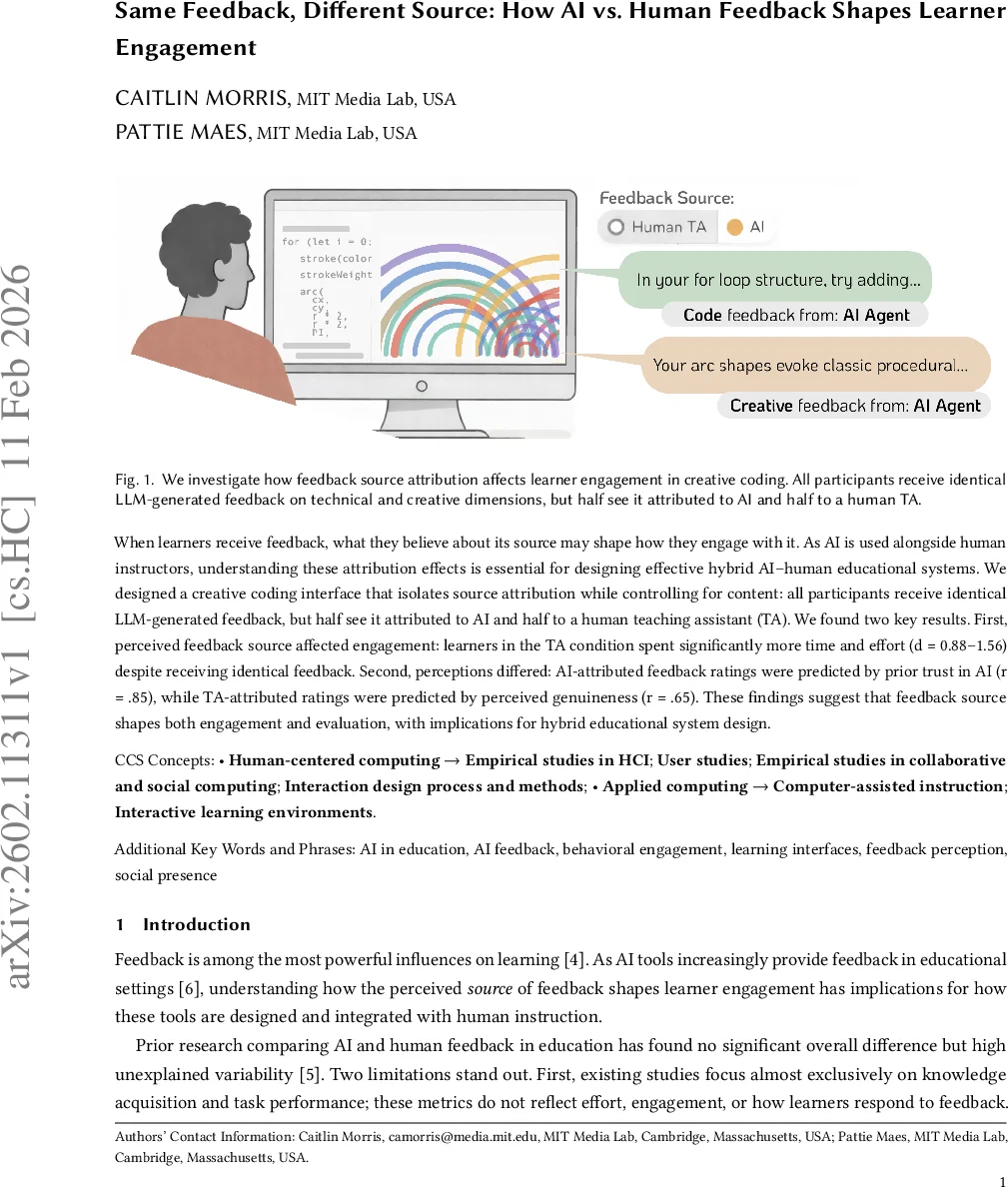 Same Feedback, Different Source: How AI vs. Human Feedback Shapes Learner Engagement