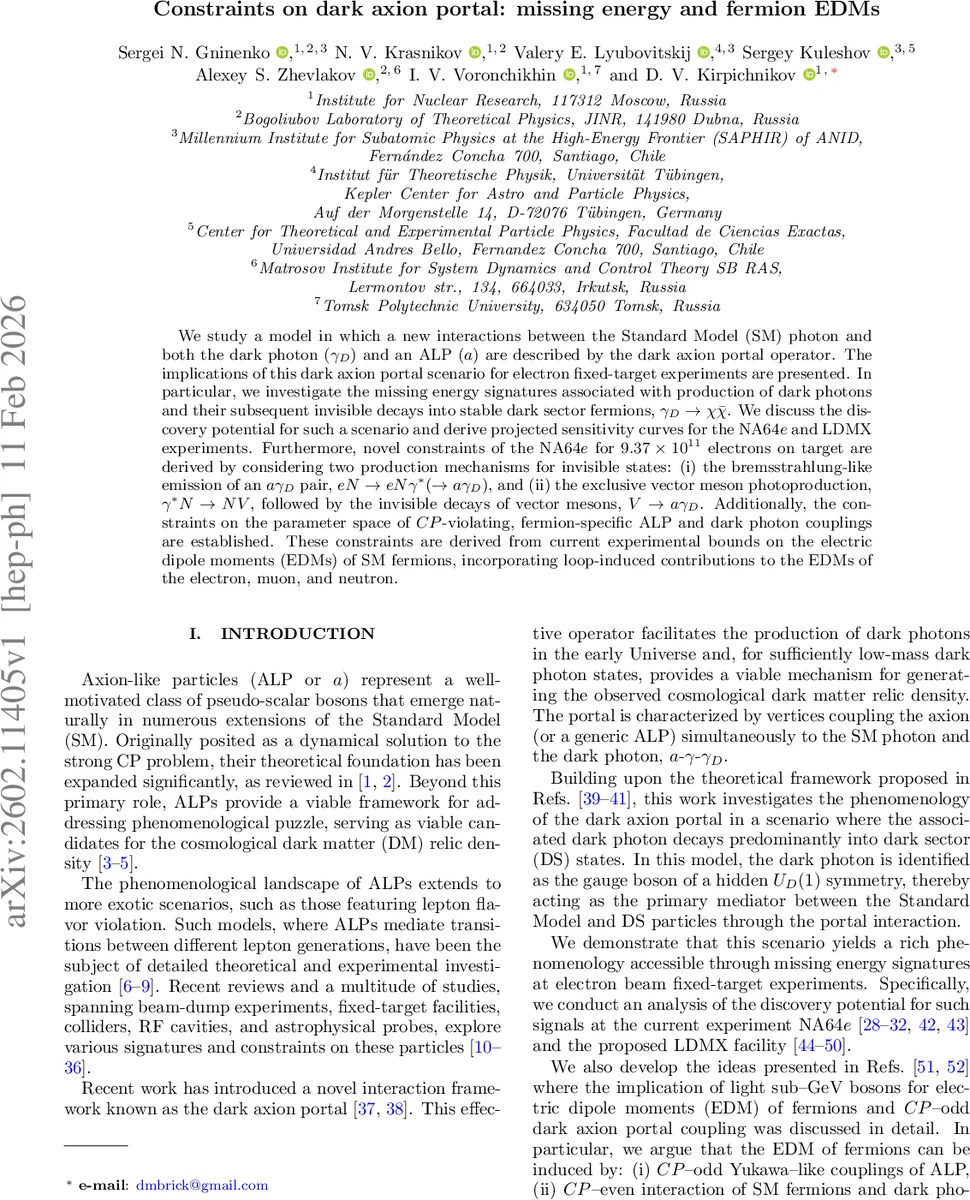 Constraints on dark axion portal: missing energy and fermion EDMs