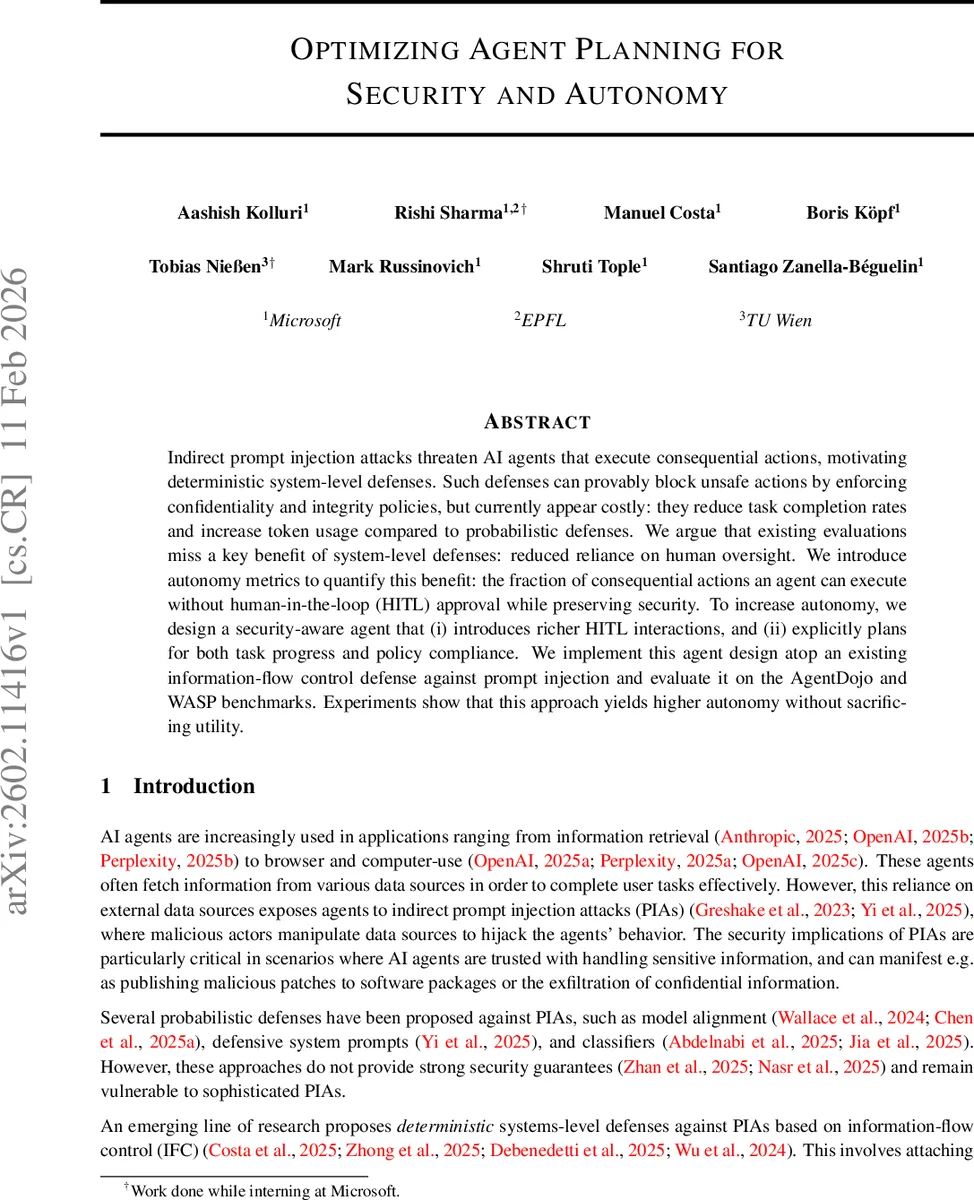 Optimizing Agent Planning for Security and Autonomy