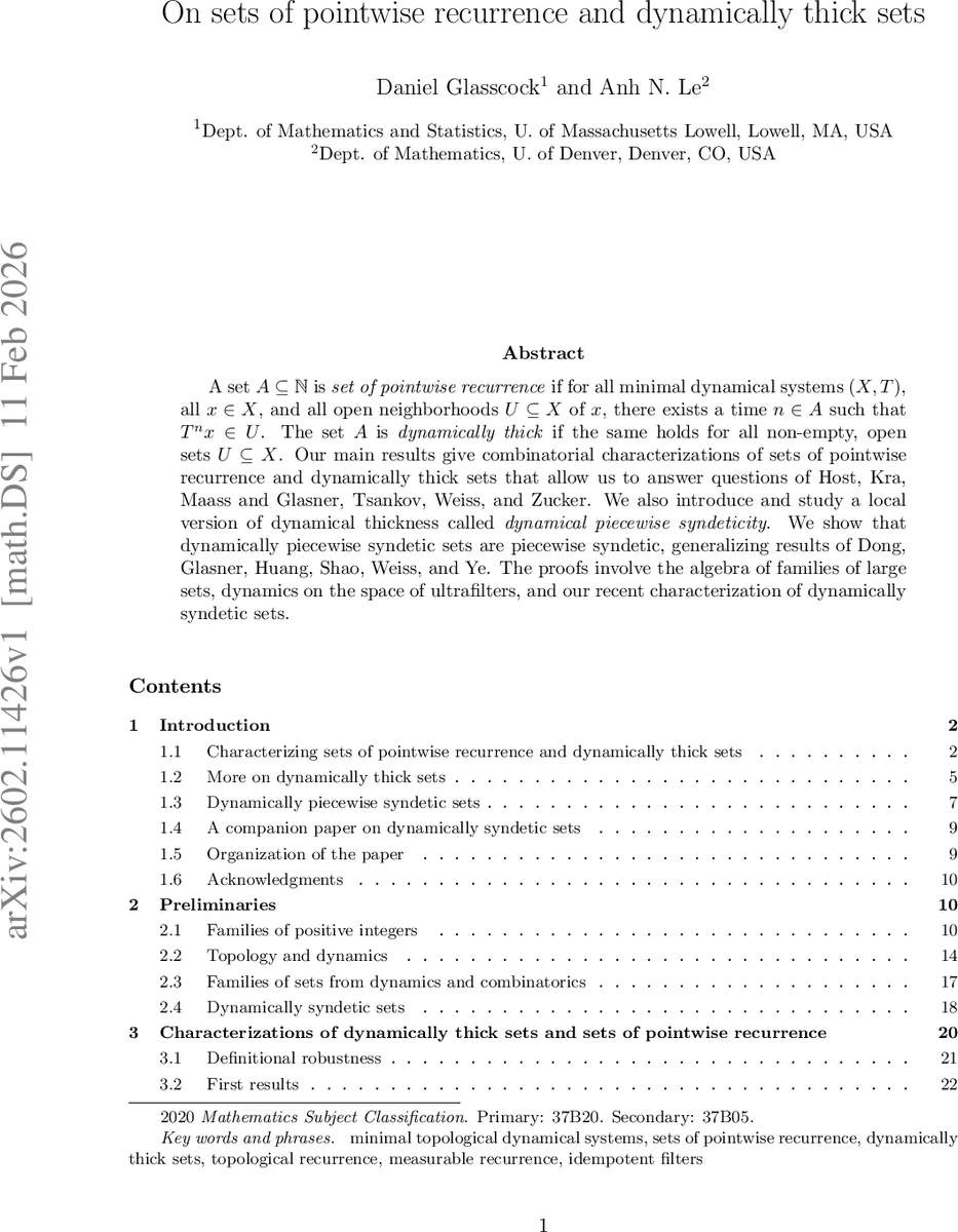 On sets of pointwise recurrence and dynamically thick sets
