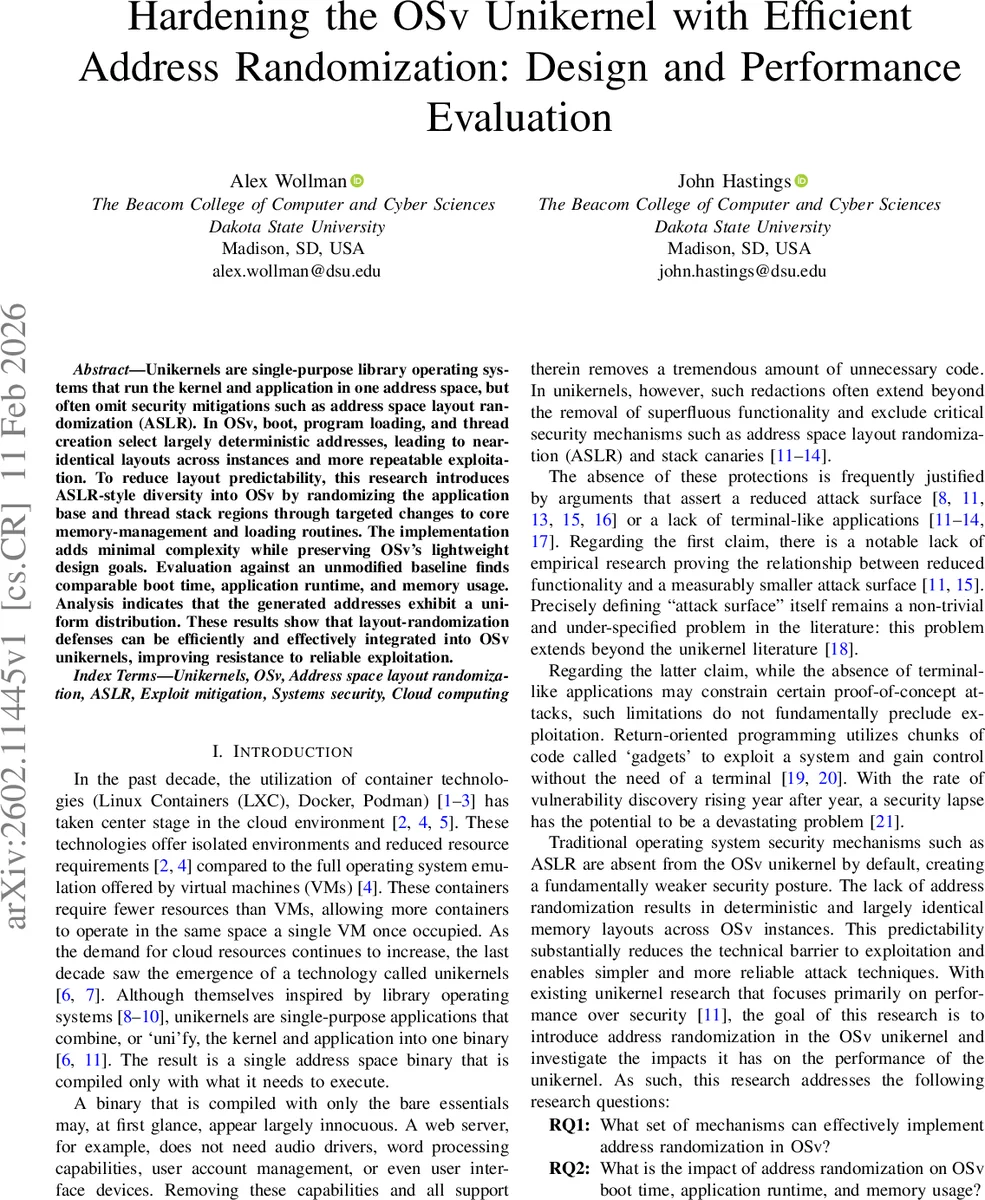 Hardening the OSv Unikernel with Efficient Address Randomization: Design and Performance Evaluation