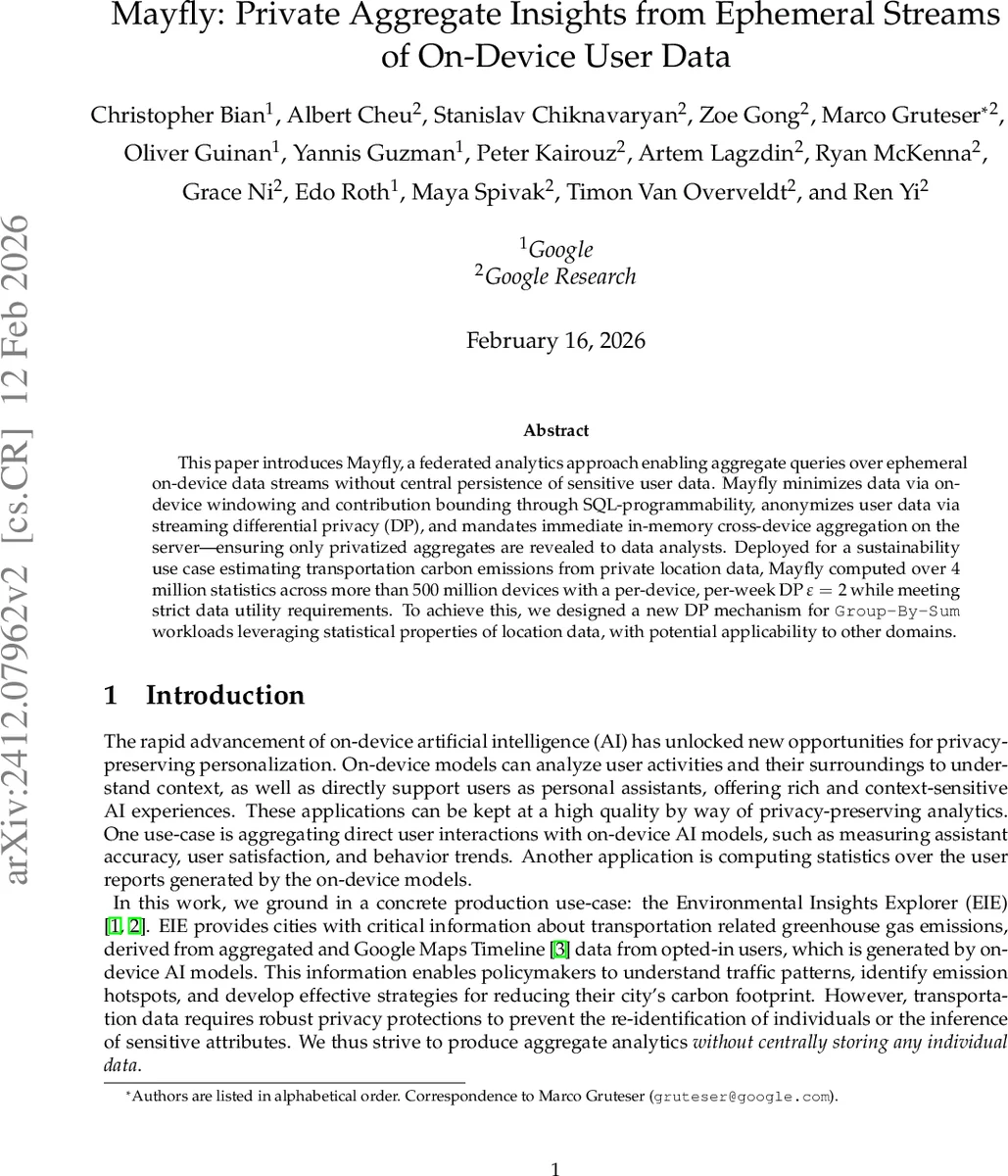 Mayfly: Private Aggregate Insights from Ephemeral Streams of On-Device User Data