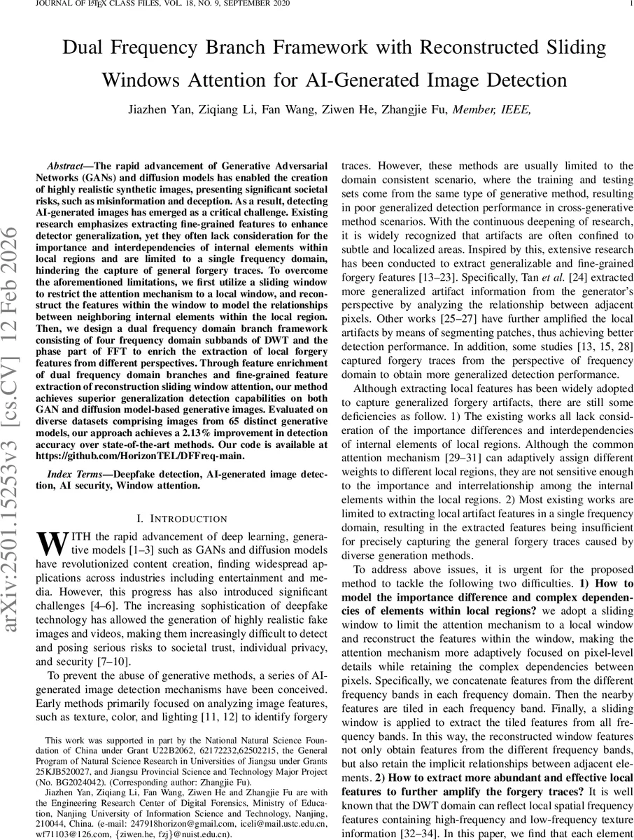 Dual Frequency Branch Framework with Reconstructed Sliding Windows Attention for AI-Generated Image Detection