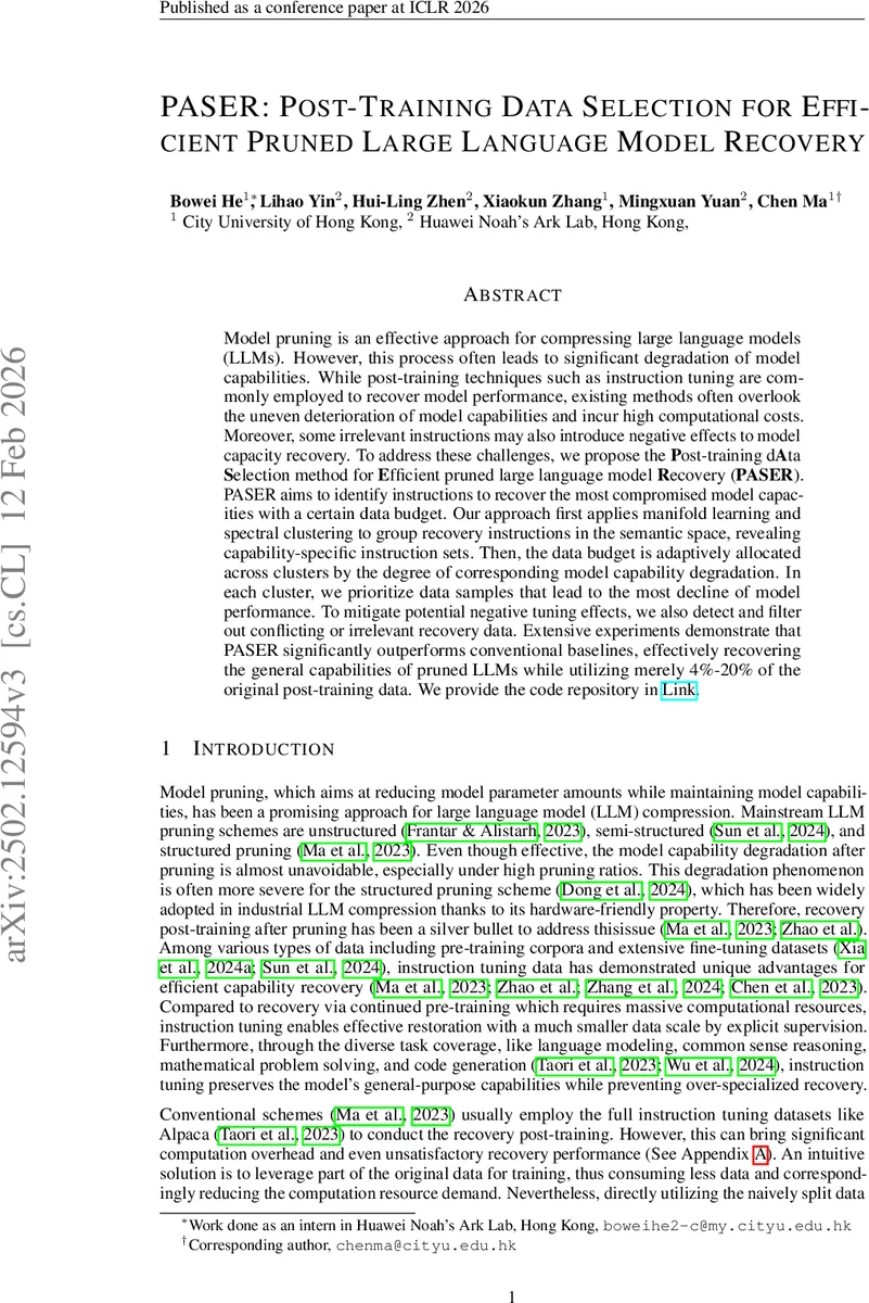 PASER: Post-Training Data Selection for Efficient Pruned Large Language Model Recovery