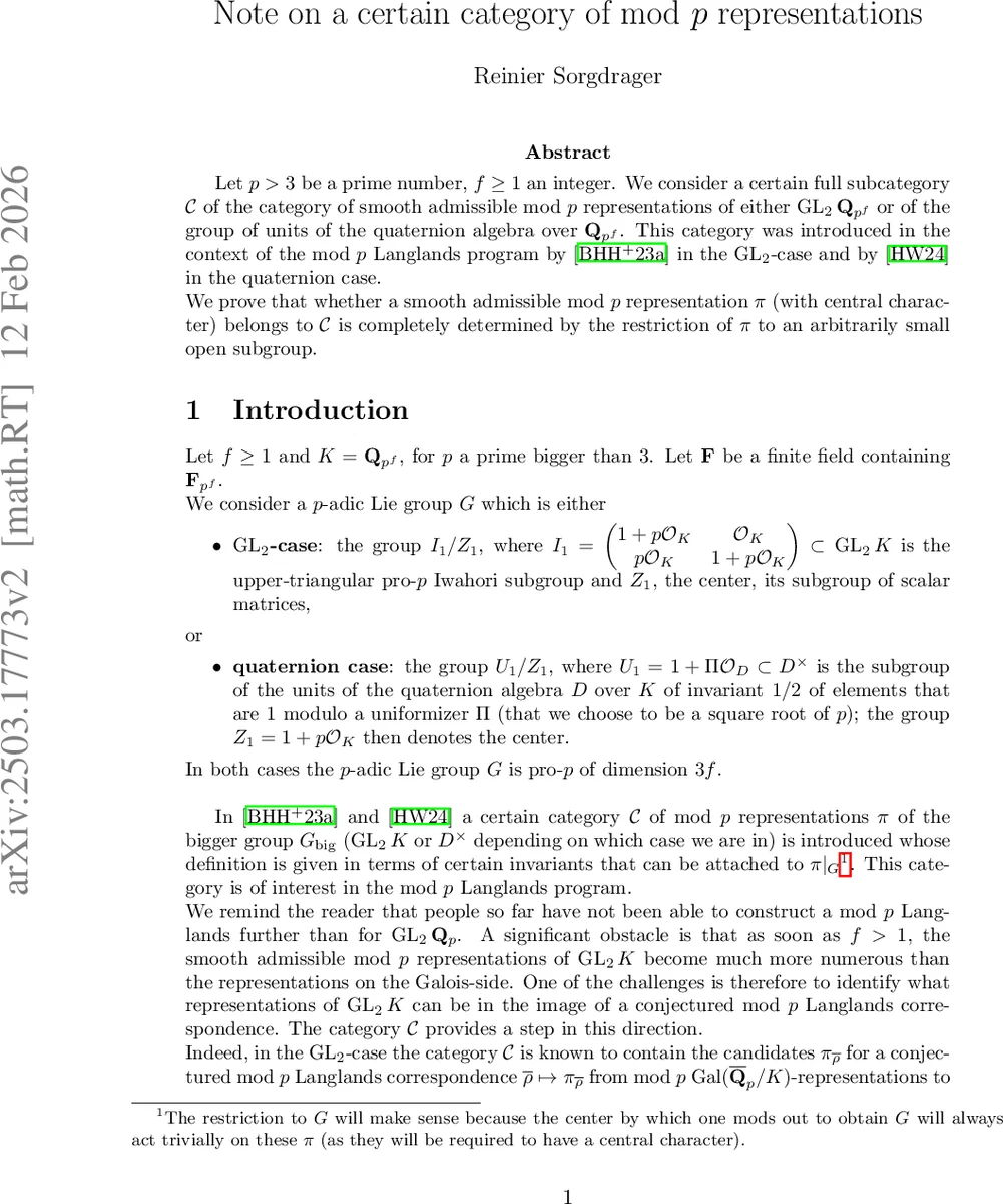 Note on a certain category of mod $p$ representations