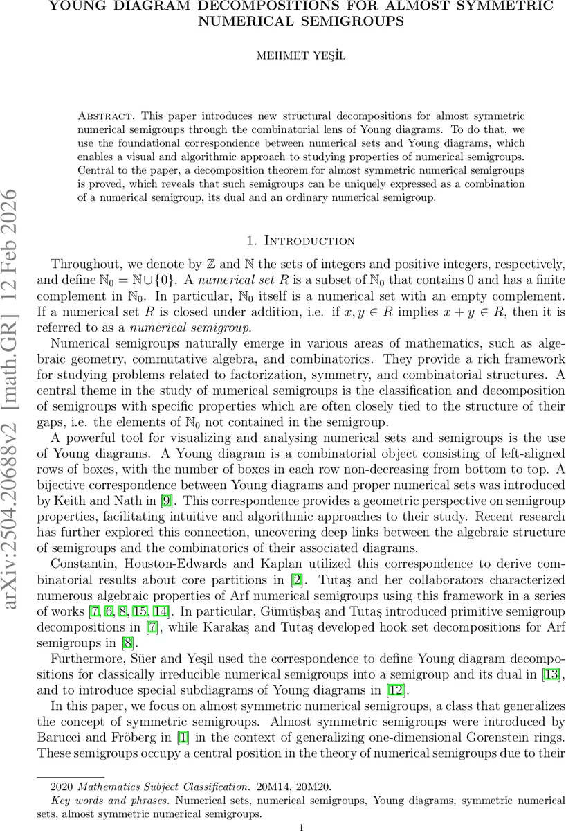Young Diagram Decompositions for Almost Symmetric Numerical Semigroups