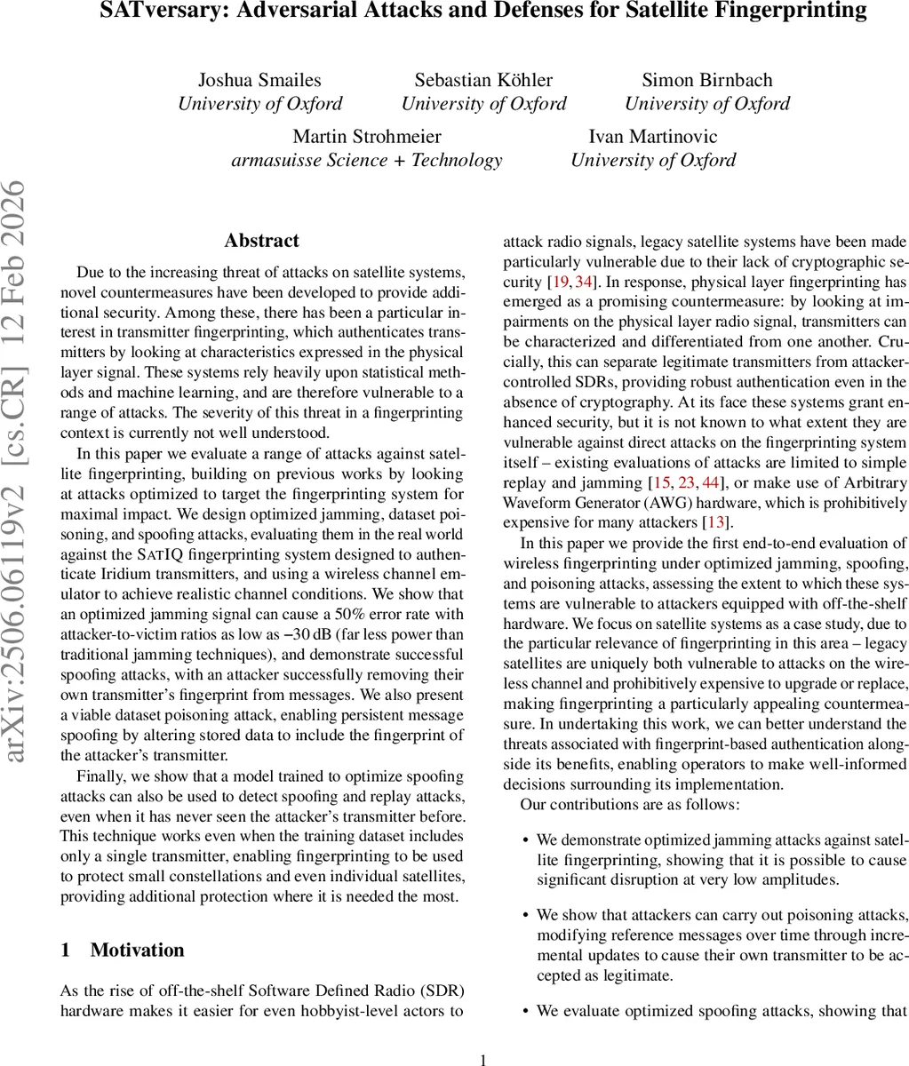 SATversary: Adversarial Attacks and Defenses for Satellite Fingerprinting