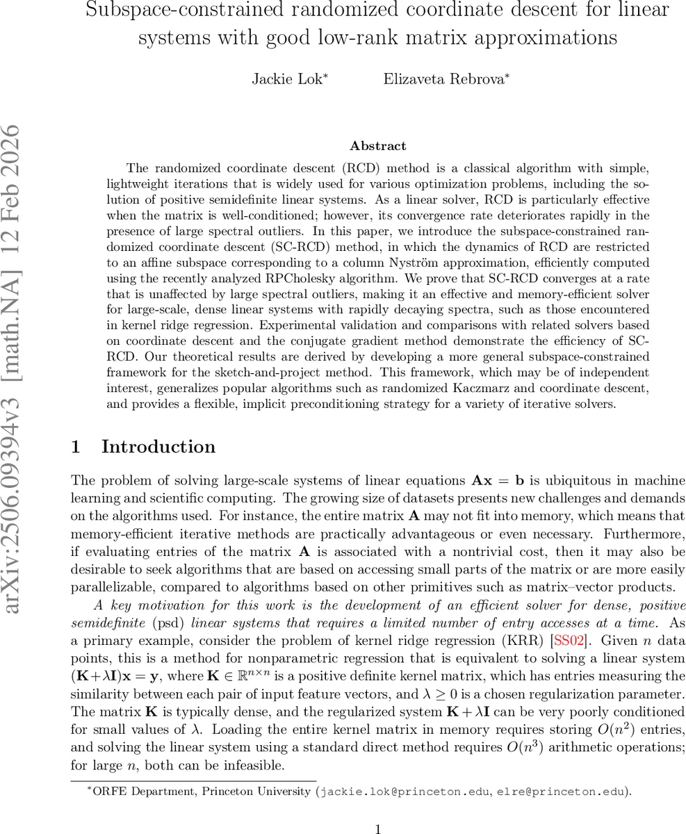 Subspace-constrained randomized coordinate descent for linear systems with good low-rank matrix approximations