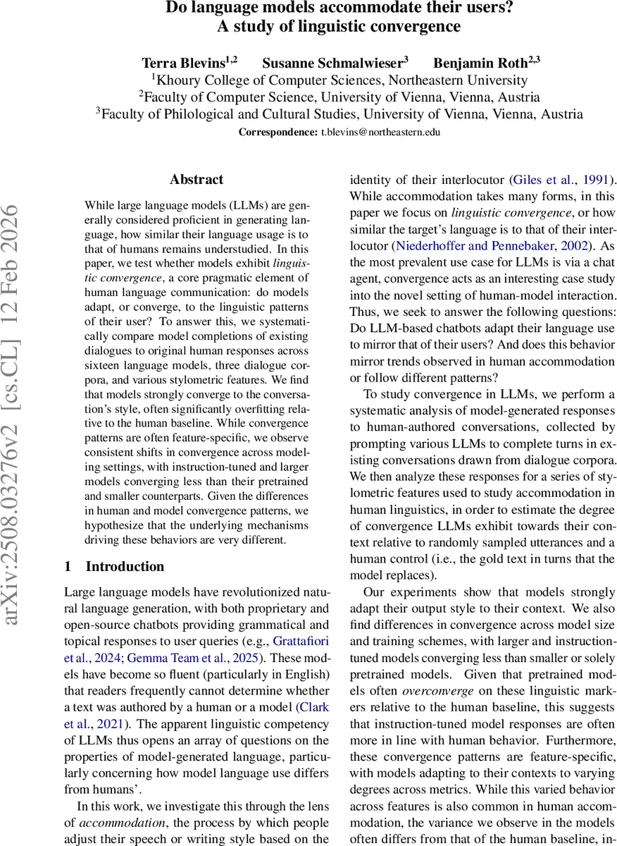 Do language models accommodate their users? A study of linguistic convergence