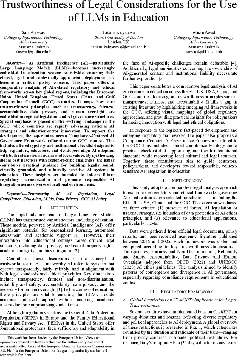 Trustworthiness of Legal Considerations for the Use of LLMs in Education