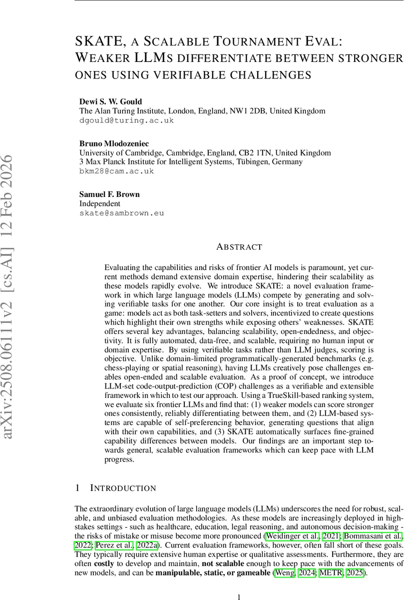 SKATE, a Scalable Tournament Eval: Weaker LLMs differentiate between stronger ones using verifiable challenges