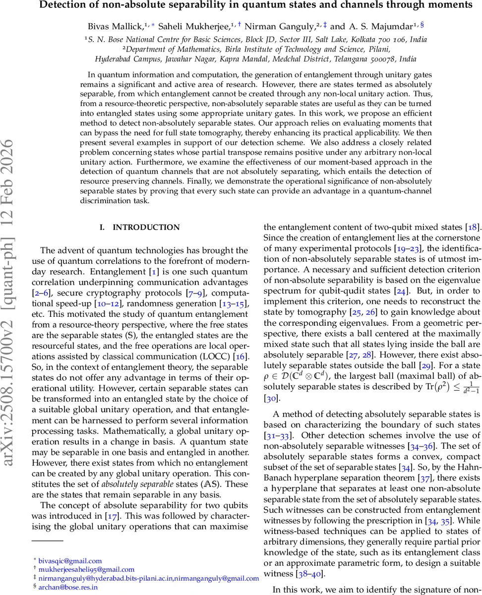 Detection of nonabsolute separability in quantum states and channels through moments
