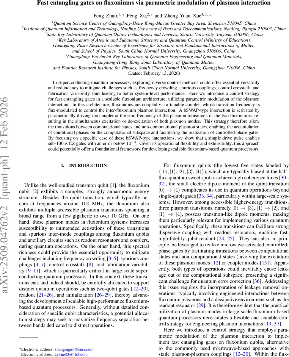 Fast entangling gates on fluxoniums via parametric modulation of plasmon interaction