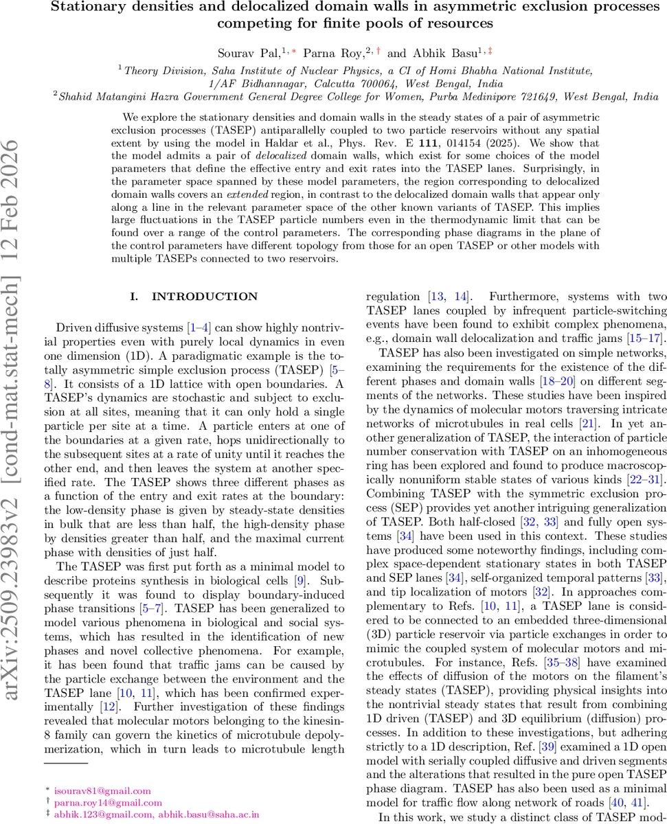 Stationary densities and delocalized domain walls in asymmetric exclusion processes competing for finite pools of resources