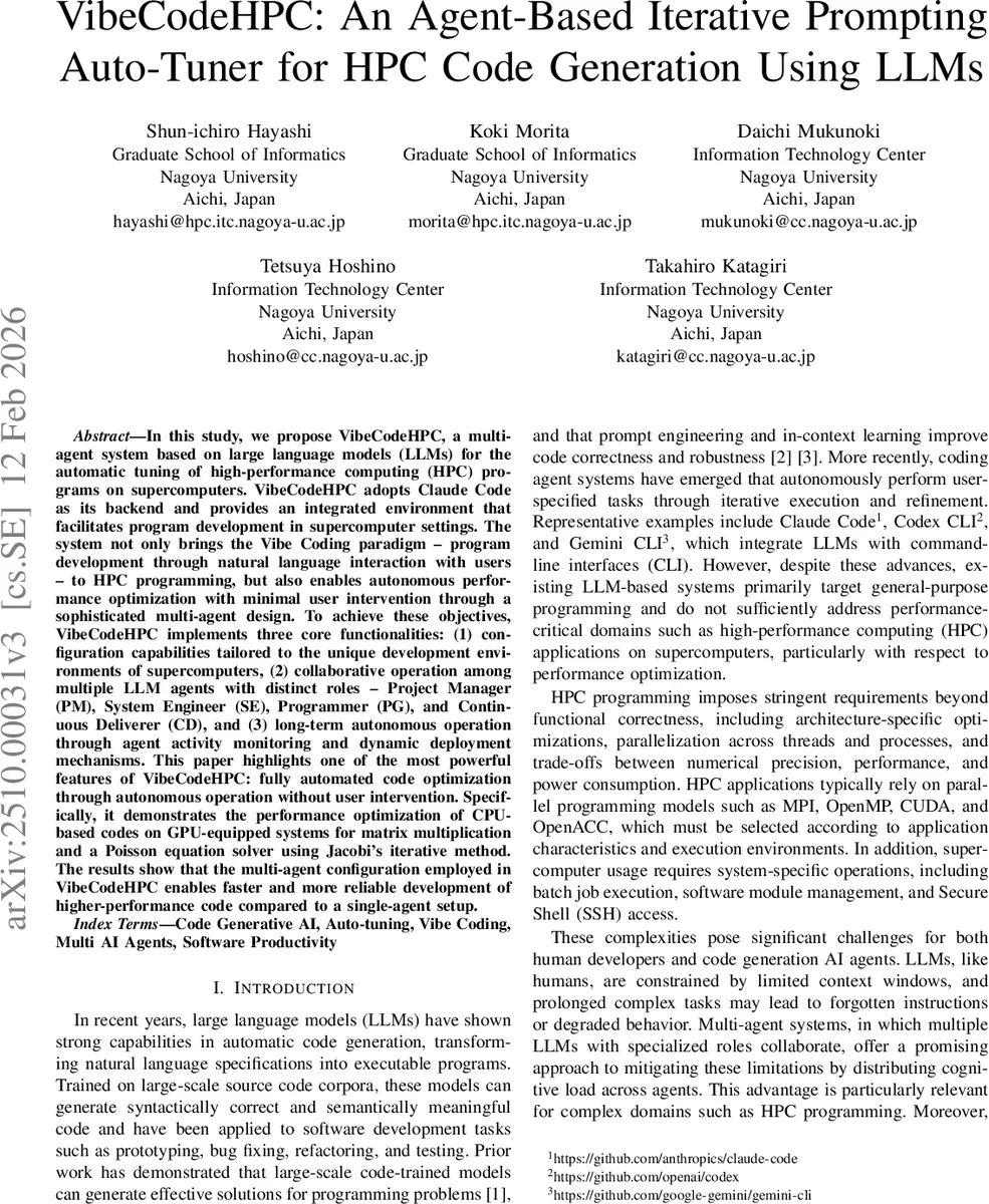 VibeCodeHPC: An Agent-Based Iterative Prompting Auto-Tuner for HPC Code Generation Using LLMs