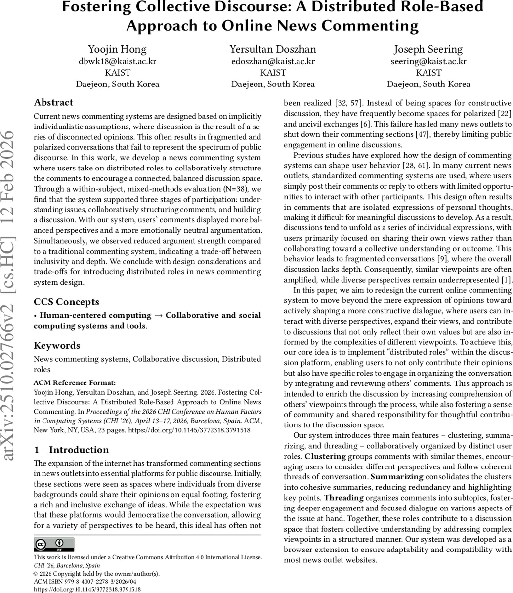 Fostering Collective Discourse: A Distributed Role-Based Approach to Online News Commenting