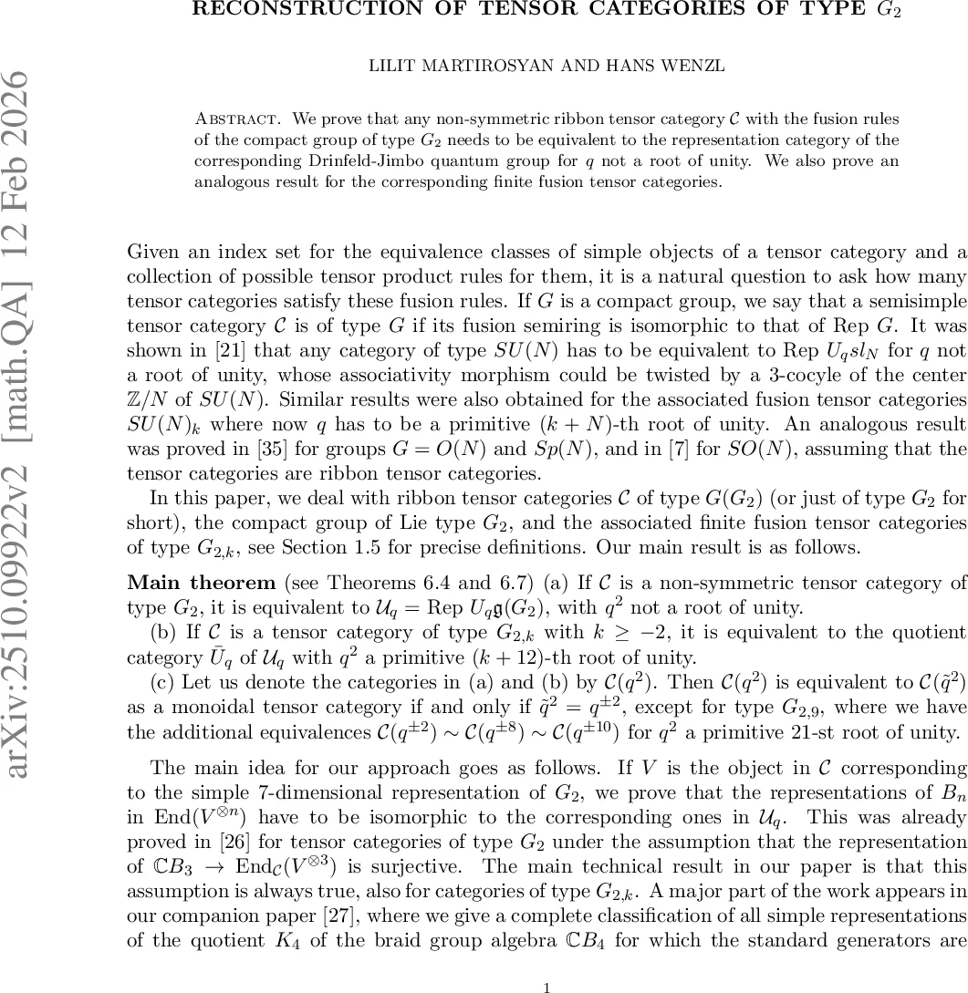 Reconstruction of tensor categories of type $G_2$